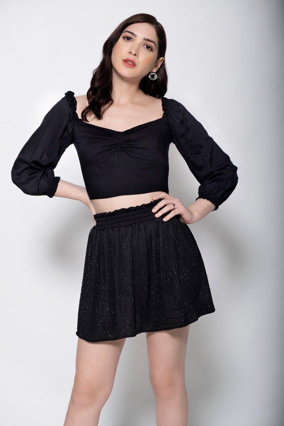 Black Viscose Solid Crop Top